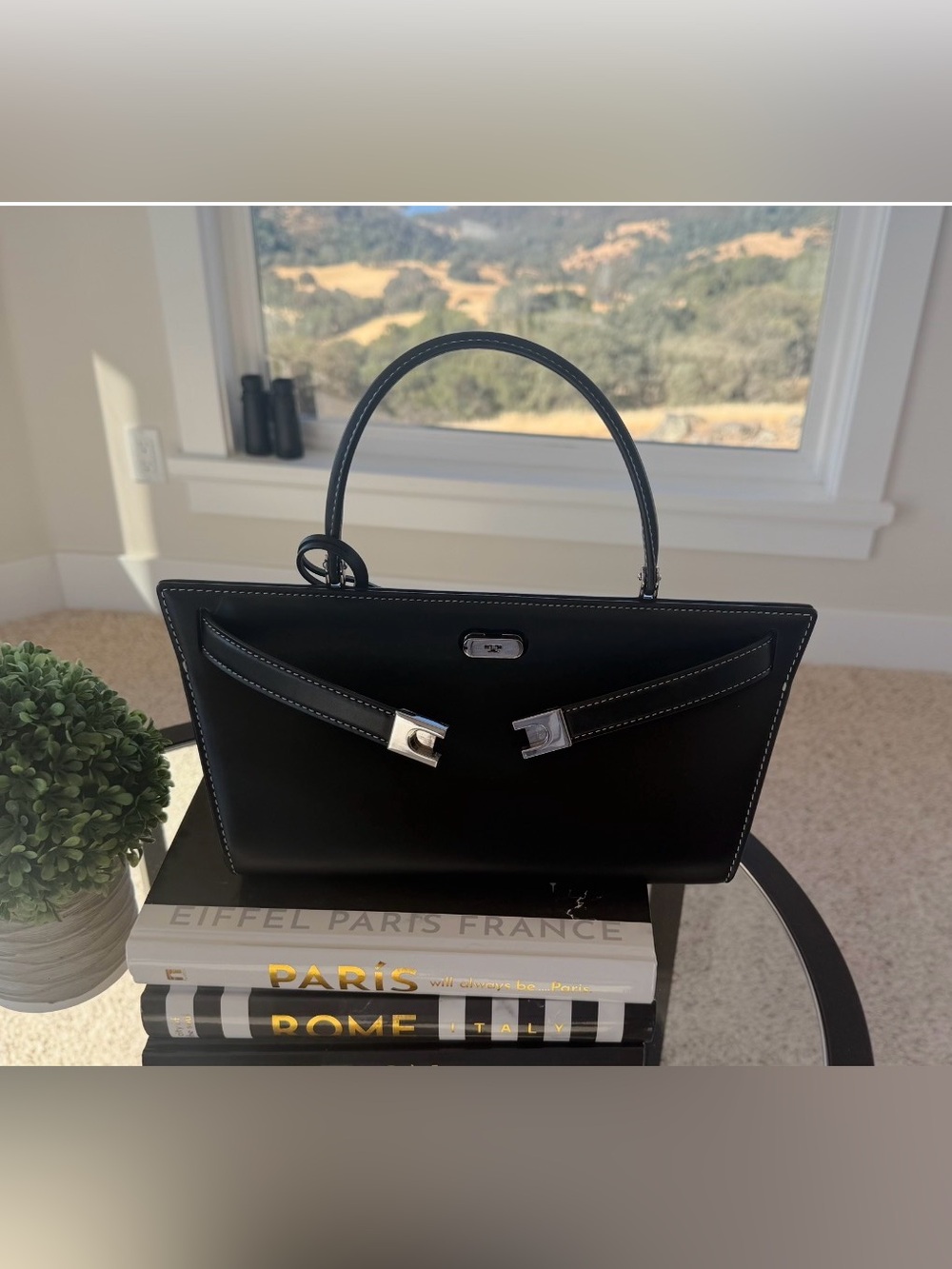 Tory Burch Black Leather Top-Handle Satchel with Silver Hardware